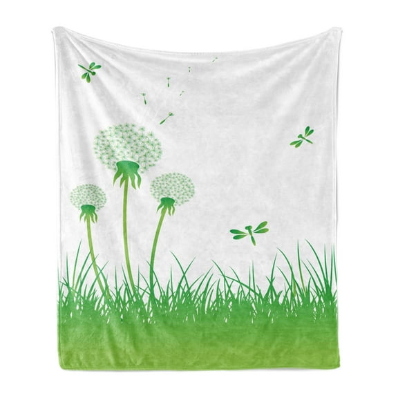 Dragonfly Soft Flannel Fleece Throw Blanket, Ecology Background with Dandelions Greenland Grass Habitat Nature Print, Cozy Plush for Indoor and Outdoor Use, 50" x 60", Lime Green White, by Ambesonne