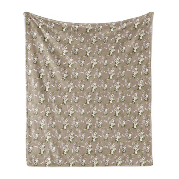 Dragonfly Soft Flannel Fleece Throw Blanket, Floral Composition Illustration of Jasmine Flowers in Spring, Cozy Plush for Indoor and Outdoor Use, 70" x 90", Warm Taupe and Olive Green, by Ambesonne