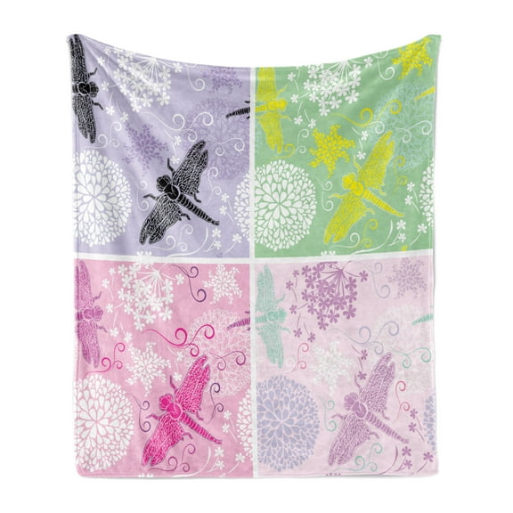 Dragonfly Soft Flannel Fleece Throw Blanket, Floral Frame Pattern with Dragonfly and Dandelion Blooms Ornate Image Nature, Cozy Plush for Indoor and Outdoor Use, 50" x 70", Multicolor, by Ambesonne