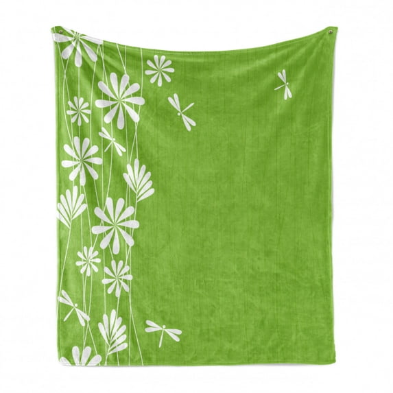 Dragonfly Soft Flannel Fleece Throw Blanket, Flower Petals Spring Motif Childish Growth Nature Seasonal Graphic Art, Cozy Plush for Indoor and Outdoor Use, 50" x 60", Lime Green White, by Ambesonne
