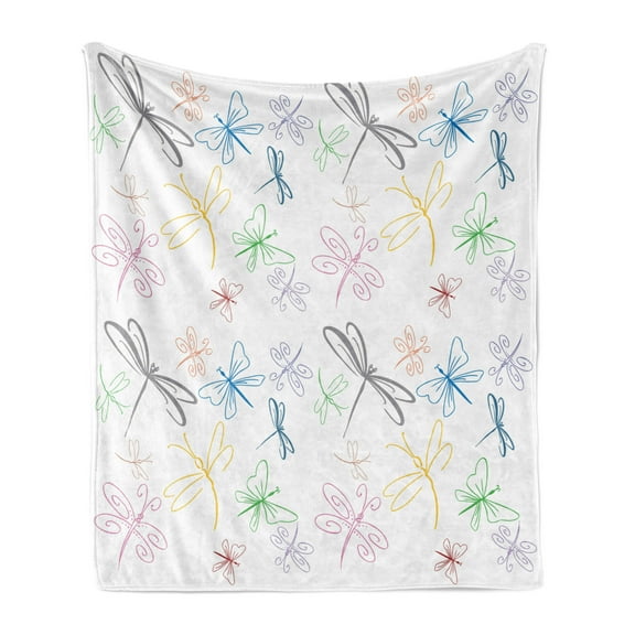 Dragonfly Soft Flannel Fleece Throw Blanket, Hand Drawn Flying Bugs in Doodle Style Colorful Nature Animal Abstract Print, Cozy Plush for Indoor and Outdoor Use, 50" x 60", Multicolor, by Ambesonne