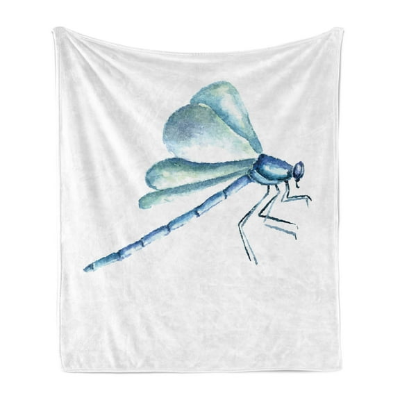 Dragonfly Soft Flannel Fleece Throw Blanket, Hand Drawn Watercolor Dragonfly with Grunge Murky Influences Picture, Cozy Plush for Indoor and Outdoor Use, 50" x 60", Pale Blue White, by Ambesonne