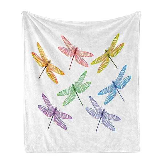 Dragonfly Soft Flannel Fleece Throw Blanket, Illustration of Fantasy Bugs with Colorful Striped Spring Season Wings Pattern, Cozy Plush for Indoor and Outdoor Use, 50" x 60", Multicolor, by Ambesonne