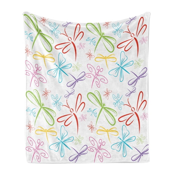 Dragonfly Soft Flannel Fleece Throw Blanket, Insects Winged Freedom Colorful Animal Childish Illustration, Cozy Plush for Indoor and Outdoor Use, 60" x 80", Multicolor, by Ambesonne