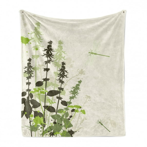 Dragonfly Soft Flannel Fleece Throw Blanket, Nature Plants Grass with Wildflowers with Paintbrush Effects Print, Cozy Plush for Indoor and Outdoor Use, 50" x 70", Pale Green Cream, by Ambesonne