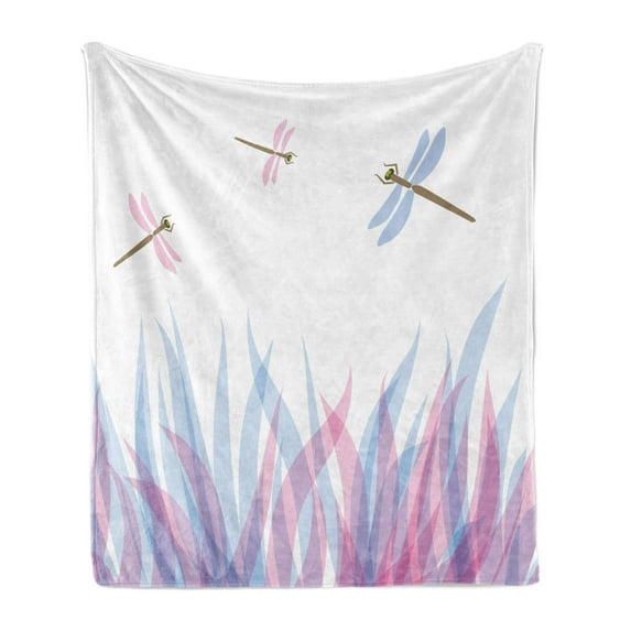 Dragonfly Soft Flannel Fleece Throw Blanket, Nature Themed Colorful Birds Like Bugs Flies on Flame Abstract Image, Cozy Plush for Indoor and Outdoor Use, 50" x 60", Violet Pink and Blue, by Ambesonne