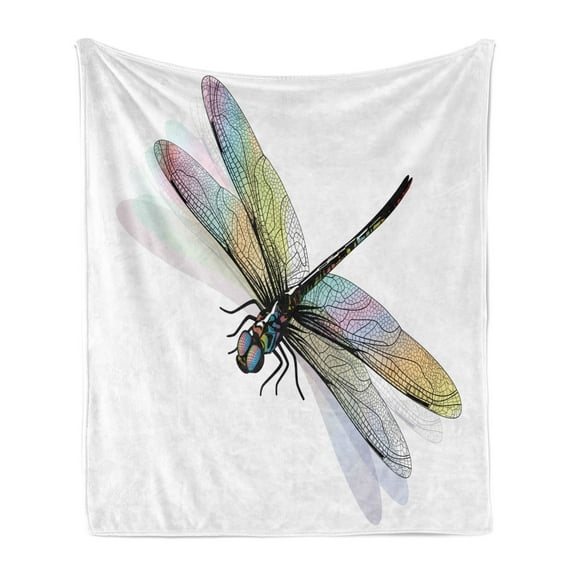 Dragonfly Soft Flannel Fleece Throw Blanket, Shady Bug Pattern Ornate Lace Style Beauty Wings Design Print, Cozy Plush for Indoor and Outdoor Use, 70" x 90", Multicolor, by Ambesonne