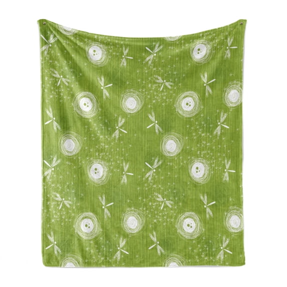 Dragonfly Soft Flannel Fleece Throw Blanket, Sketch Style Dandelion Flower Petals Spring Beauty Nature Blossom Image, Cozy Plush for Indoor and Outdoor Use, 50" x 70", Lime Green Cream, by Ambesonne
