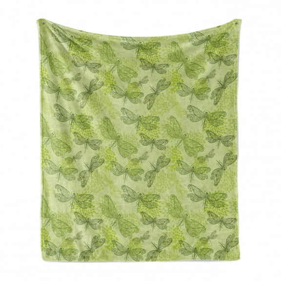 Dragonfly Soft Flannel Fleece Throw Blanket, Sketchy Butterfly Like Bugs with Floral Ivy Print Wings Artwork, Cozy Plush for Indoor and Outdoor Use, 50" x 70", Pale Green Dark Green, by Ambesonne
