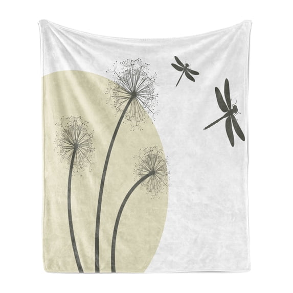 Dragonfly Soft Flannel Fleece Throw Blanket, Spring Dandelions Botany Blossoming Petals Essence of Nature Growth Theme, Cozy Plush for Indoor and Outdoor Use, 60" x 80", Tan Army Green, by Ambesonne