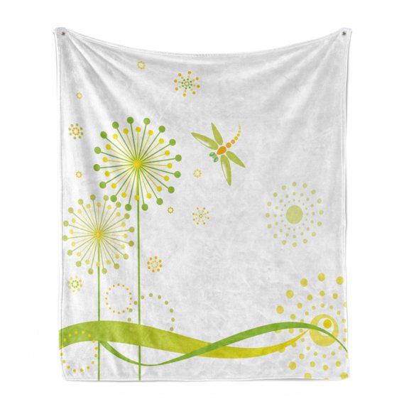 Dragonfly Soft Flannel Fleece Throw Blanket, Spring Theme with Dandelion Flowers Happiness Hope Summer Design, Cozy Plush for Indoor and Outdoor Use, 50" x 70", Lime and Apple Green, by Ambesonne