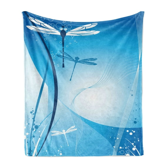 Dragonfly Soft Flannel Fleece Throw Blanket, Underwater Sea Life with Coral Nautical with Flying Bugs Nature Image, Cozy Plush for Indoor and Outdoor Use, 50" x 70", Sky and Violet Blue, by Ambesonne