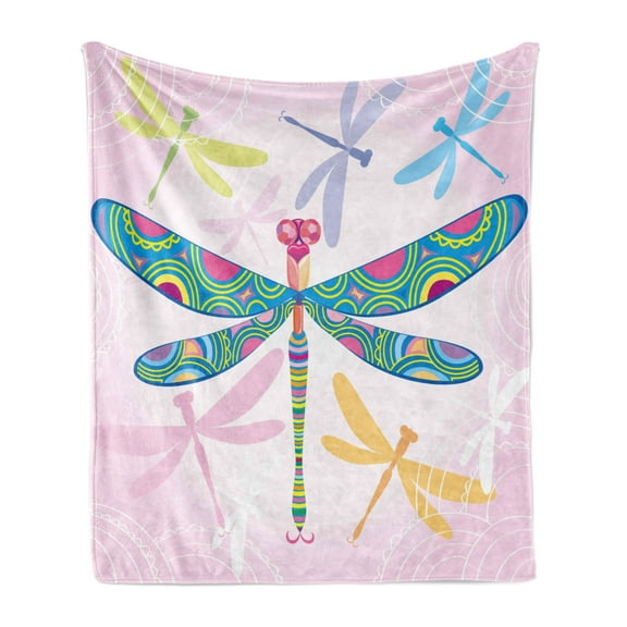 Dragonfly Soft Flannel Fleece Throw Blanket, Vibrant Dragonfly Kids in Various Color Tones Wildlife Graphic Artwork, Cozy Plush for Indoor and Outdoor Use, 50" x 60", Multicolor, by Ambesonne