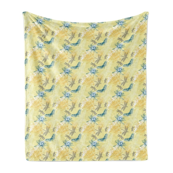 Dragonfly Soft Flannel Fleece Throw Blanket, Water Lilies and Flying Insects in Vintage Style Exotic Fauna, Cozy Plush for Indoor and Outdoor Use, 50" x 70", Pale Yellow Blue, by Ambesonne