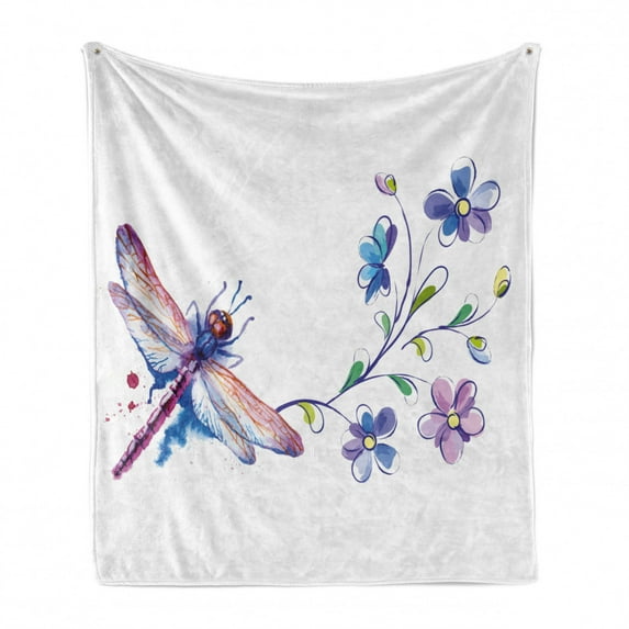 Dragonfly Soft Flannel Fleece Throw Blanket, Watercolor Bug Butterfly Like Moth Branch Ivy Flowers Lilies Art, Cozy Plush for Indoor and Outdoor Use, 70" x 90", Green Purple and Blue, by Ambesonne