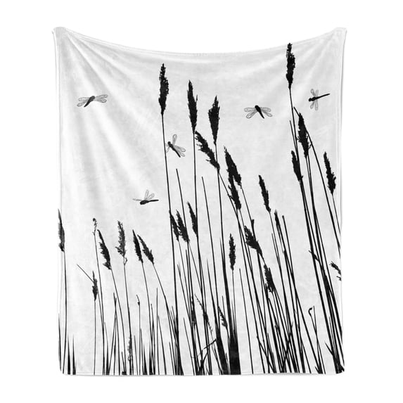 Dragonfly Soft Flannel Fleece Throw Blanket, Wheat Field Autumn Agriculture Background Nature Harvest Bush Herbs Theme Art, Cozy Plush for Indoor and Outdoor Use, 50" x 70", Black White, by Ambesonne