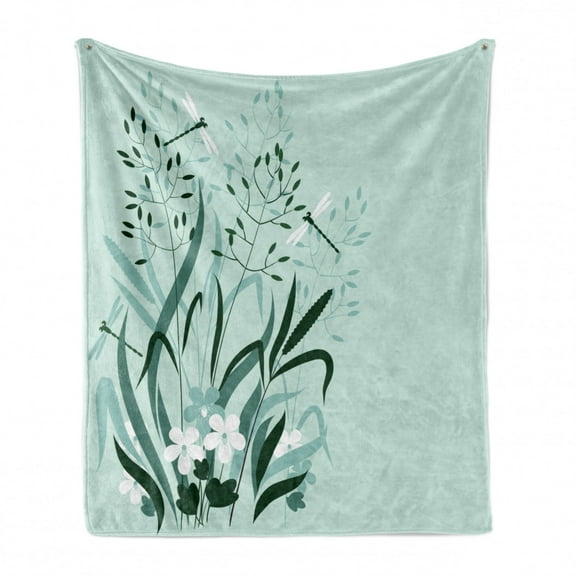 Dragonfly Soft Flannel Fleece Throw Blanket, Wild Grass and Dragonflies in Exquisitely Growing Lawn Herb Bush Rural Pattern, Cozy Plush for Indoor and Outdoor Use, 50" x 70", Pale Green, by Ambesonne