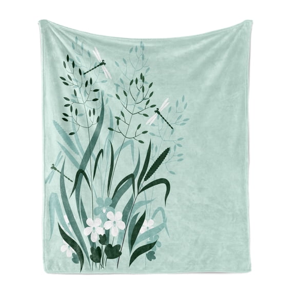 Dragonfly Soft Flannel Fleece Throw Blanket, Wild Grass and Dragonflies in Exquisitely Growing Lawn Herb Bush Rural Pattern, Cozy Plush for Indoor and Outdoor Use, 70" x 90", Pale Green, by Ambesonne