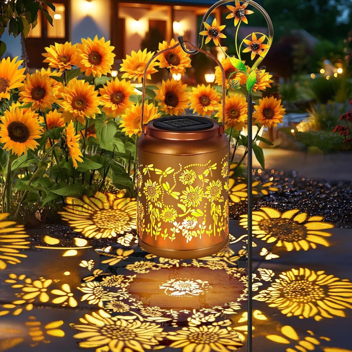 Dragonfly Solar Lanterns Outdoor Waterproof Sunflower Solar Lights Christmas Birthday Gifts for Women Mom Metal Hanging Decorative LED Lantern Outside for Garde