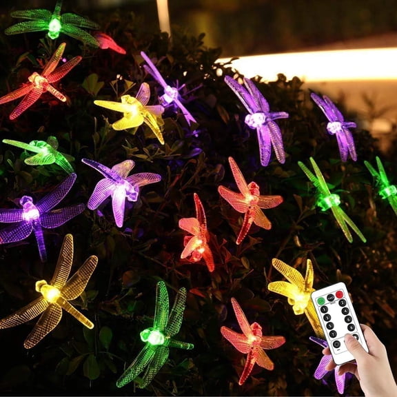 Dragonfly Solar String Lights Outdoor with Remote- 11M 60 LED Waterproof Fairy Lights 8 Modes. Wireless Remote Control Solar Powered Decorative Lighting for Garden- Patio- Party- Fence.