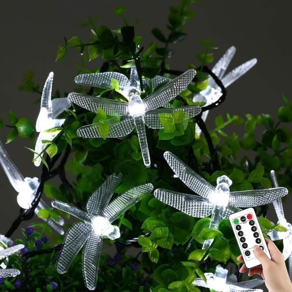 Dragonfly Solar String Lights Outdoor with Remote- 11M 60 LED Waterproof Fairy Lights 8 Modes. Wireless Remote Control Solar Powered Decorative Lighting for Garden- Patio- Party- Fence.