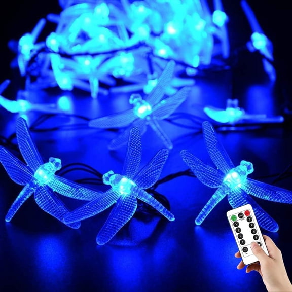 Dragonfly Solar String Lights Outdoor with Remote- 9.5M 50 LED Waterproof Fairy Lights 8 Modes. Wireless Remote Control Solar Powered Decorative Lighting for Garden- Patio- Party- Fence.
