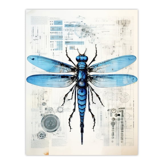 Dragonfly Spy Bot Robot Hybrid Schematic Blueprint Futuristic Secret Complex Arcane Manuscript Gift For Him Man Cave Unframed Wall Art Print Poster Home Decor Premium