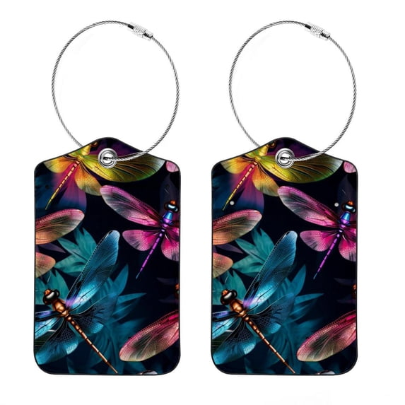 Dragonfly Square PU Leather 2 Pack Travel Tag - Bag Tag - Suitcase Tag with Privacy Cover and Stainless Steel Ring - Suitable for Travel, Backpack, and Handbag
