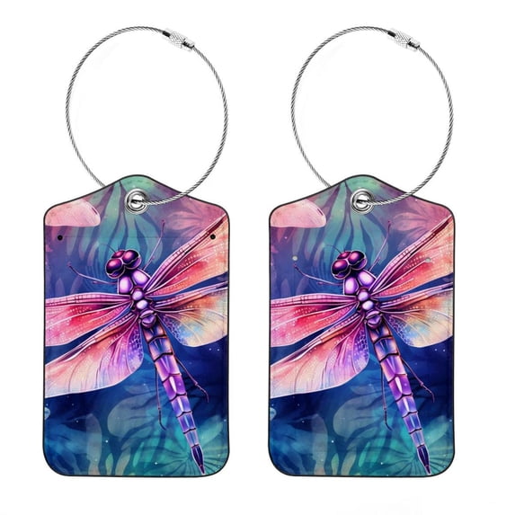 Dragonfly Square PU Leather Luggage Tags, 2 Pack, with Privacy Cover and Stainless Steel Ring - Suitable for Travel, Backpack, Handbag - Bag Tags, Handbag Tags