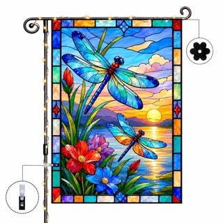 Dragonfly Stained Glass Garden Flag 12x18 Inch Double Sided with LED Lights, Colorful Floral Outdoor Yard Flag for Lawn Garden Patio Decor, Polyester Decorative Flag