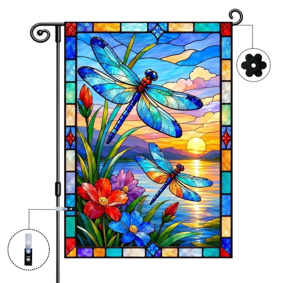 Dragonfly Stained Glass Garden Flag Double Sided 12x18 Inch, Colorful Dragonfly Floral Yard Flag for Outside, Decorative Flag for Outdoor Lawn Garden Decor Polyester