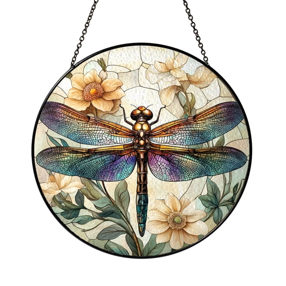 Dragonfly Stained Glass Style Suncatcher, Window Hanging Decor Featuring Dragonfly with Teal Wings and Symmetrical Insect Design