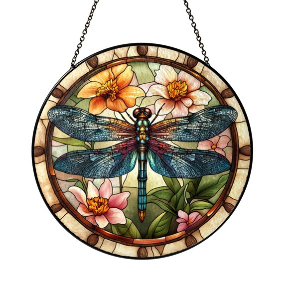 Dragonfly Stained Glass Style Window Suncatcher, Floral Nature Hanging Decor with Decorative Glass Effect
