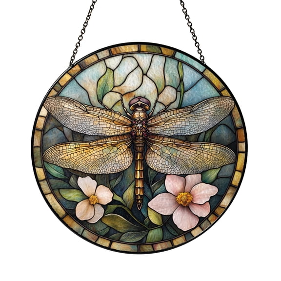 Dragonfly Stained Glass Suncatcher, Floral Window Hanging with Nature Inspired Design, Elegant Insect Art for Home Decor