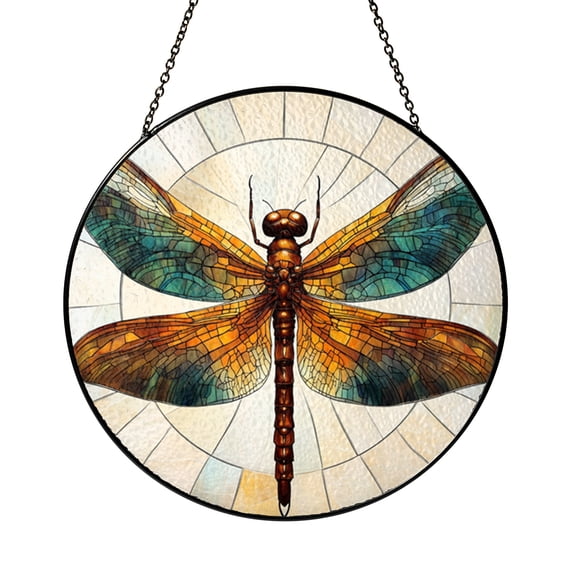 Dragonfly Stained Glass Suncatcher Round Window Hanging, Delicate Nature Insect Art Decor, Meaningful Gift for Mom