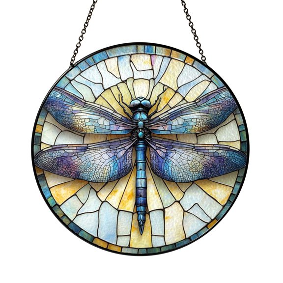 Dragonfly Stained Glass Suncatcher Window Hanging, Boho Garden Style Nature Sun Catcher for Home Window Decor