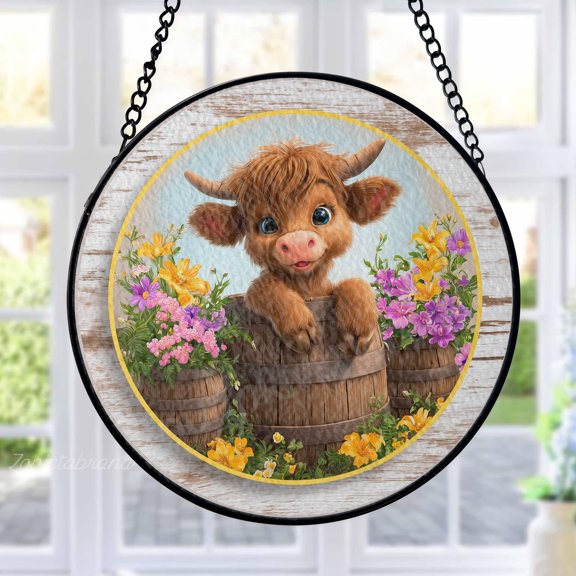 Cute Highland Cow Stained Glass Suncatcher Metal Outdoor Decor Rustic Farmhouse Colorful