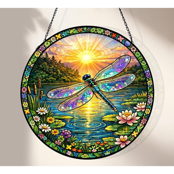 Dragonfly Stained Glass Suncatcher for Windows Indoor, Round Dragonfly Window Hanging Decor, Nature Inspired Garden Decor, Natural Gifts for Women Mom Grandma , 6.3x6.3in