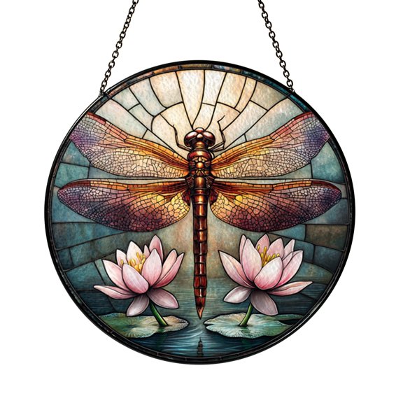 Dragonfly Stained Glass Suncatcher with Elegant Insect Wing Design, Round Window Hanging Nature Inspired Home Decor