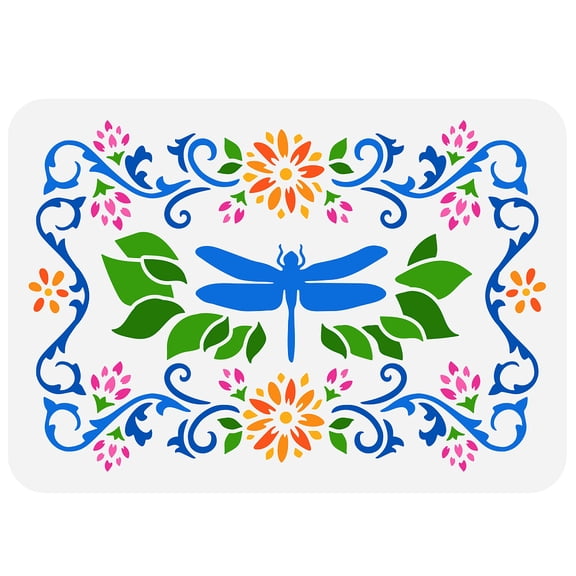 Dragonfly Stencil 11.7x8.3 inch Flower Border Frames Template Plastic Dragonfly Flowers Leaves Pattern Stencils Reusable Decoration Stencil