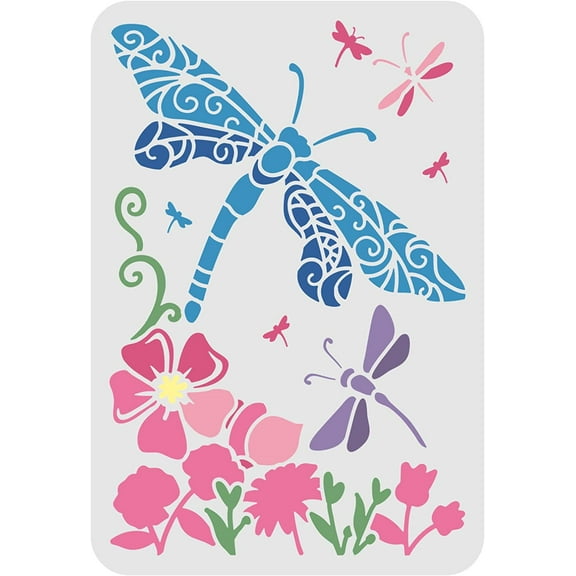 Dragonfly Stencil 11.7x8.3 inch Reusable DIY Art and Craft Stencil Beautiful Dragonfly and Flowers Pattern Drawing Stencil Large Stencils for Painting on Wood Wall Floor Fabric colorful