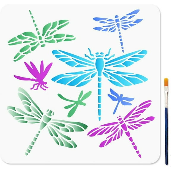 Dragonfly Stencil 11.8x11.8inch 8 Dragonfly Wall Art Stencil with Paint Brush Reusable Insect Template for Painting on Wood Wall Fabric Home Decor