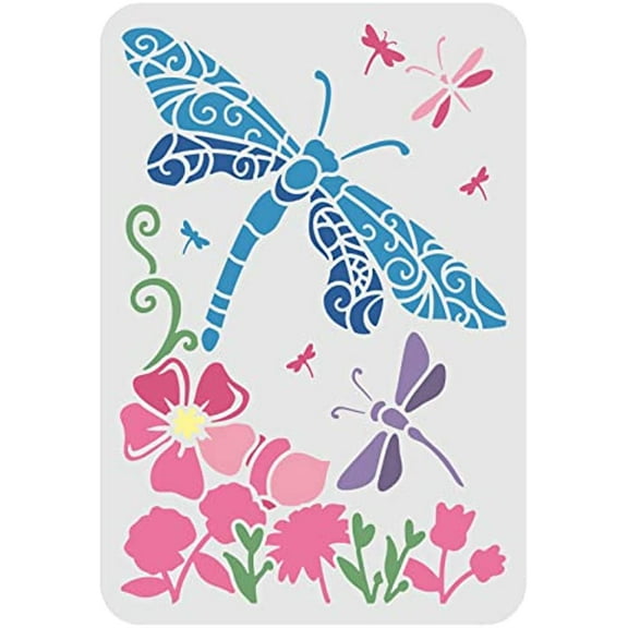 Dragonfly Stencil Reusable DIY Art and Craft Stencil Beautiful Dragonfly and Flowers Pattern Drawing Stencil Large Stencils for Painting on Wood Wall Floor Fabric