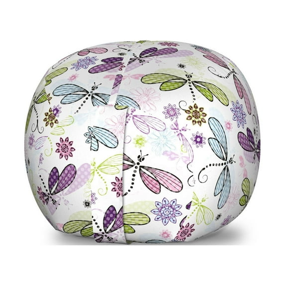 Dragonfly Storage Toy Bag Chair, Abstract Bugs Hippie Style Sketchy Flowers Art, Stuffed Animal Organizer Washable Bag, Large Size, Pale Blue Purple, by Ambesonne
