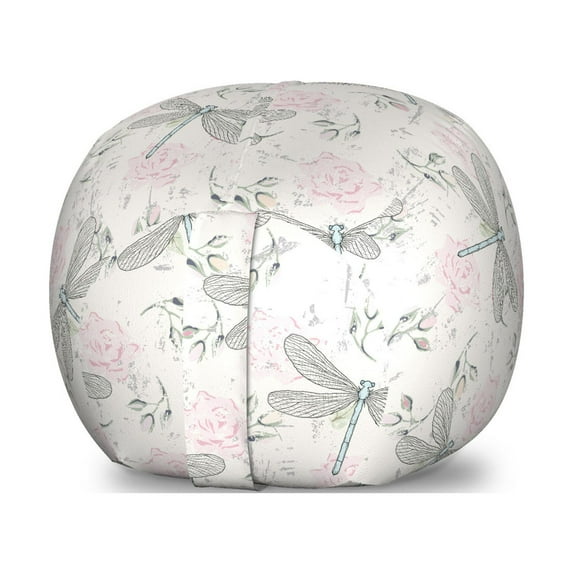 Dragonfly Storage Toy Bag Chair, Shabby Form Roses Worn Old Vintage Backdrop with Moth Bugs Print, Stuffed Animal Organizer Washable Bag, Small Size, Pale Pink Pale Grey, by Ambesonne