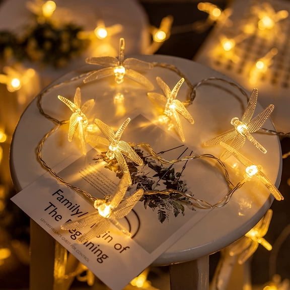 Dragonfly String Lights, 3M 20Led Warm White Dragonfly Copper Wire Fairy Decorative Lights Battery Powered for Bedroom Summer Garden Landscape Wedding Party Christmas Lighting Decoration
