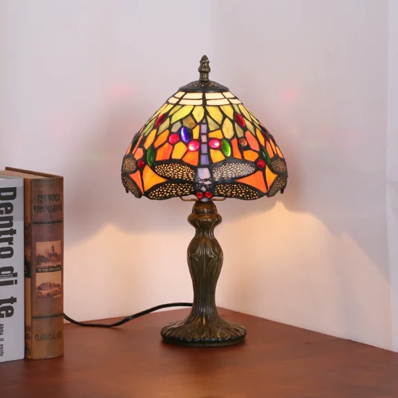 Dragonfly Style Stained Glass Mushroom-Shaped Double Lit Table Lamp for Home Decor