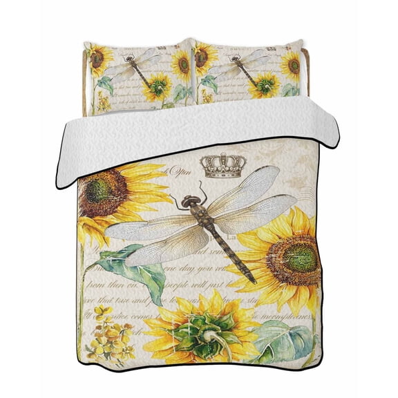 Dragonfly Sunflower 3 Piece Quilt Bedding Set with 2 Pillow Shams, Art Teal Floral Blooming Flower Paper Texture Lightweight Bedspread Coverlet, Soft Breathable All Season Quilt, 68 x 98 Inch