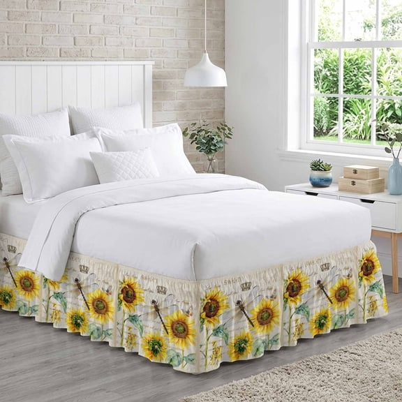 Dragonfly Sunflower Bed Skirt California King Size 16 Inch Drop, Art Teal Floral Blooming Flower Paper Texture Adjustable Elastic Dust Ruffles Bedskirt Wrap Around Pleated Mattress Frame Cover