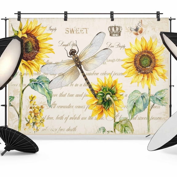Dragonfly Sunflower Photography Backdrop 12x8FT, Art Teal Floral Blooming Flower Paper Texture Photo Backdrops, Background for Photography Studio Photo Studio Background, Back Drop for Photoshoot